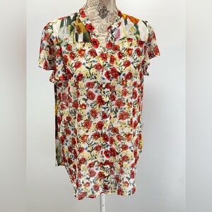 FIGUEROA & FLOWER Red and yellow sheer floral print top size PXL